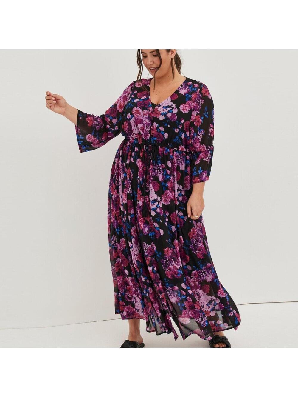 Torrid Maxi Dress 0 Large 12 Pink Purple Blue Floral Chiffon & Black Slip NEW - Picture 15 of 15